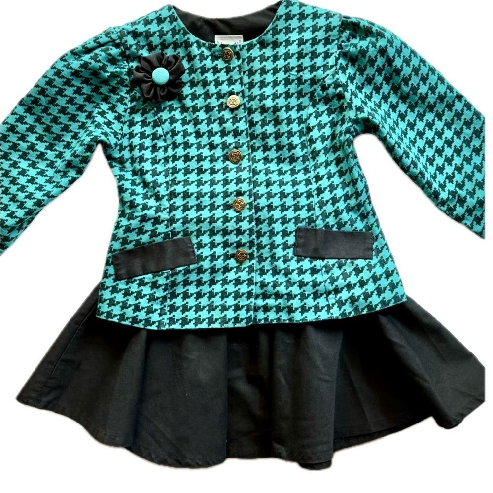 Vintage 90s Nannette Girls' Teal and Black Houndstooth Jacket and Skirt Set sz 4